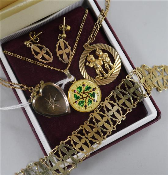 A 9ct gold fancy flat link openwork bracelet and matching pair of earrings and two other items,